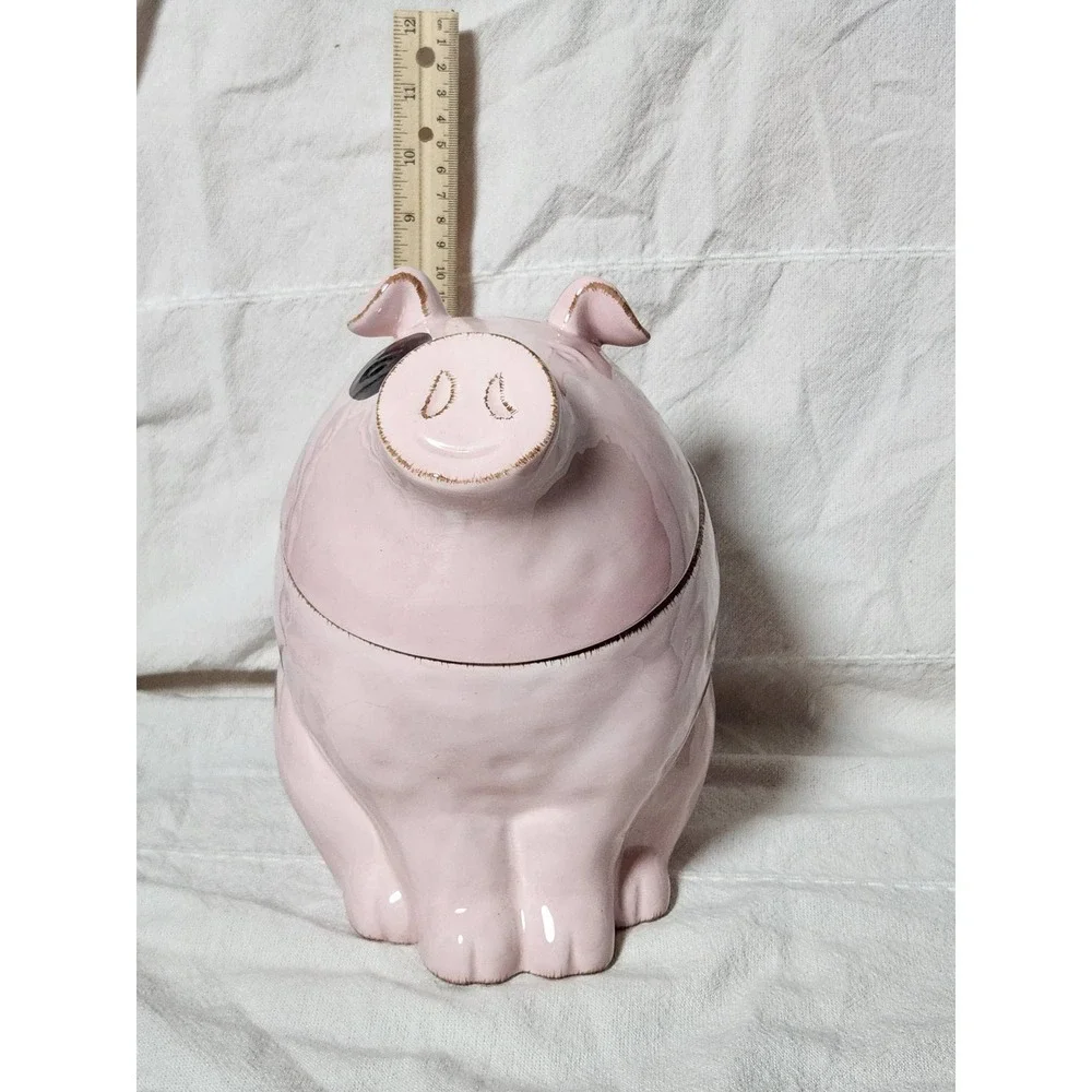 Pink Ceramic Pig Cookie Jar Hand Painted Spotted Farmhouse Kitchen Decor 9.5in